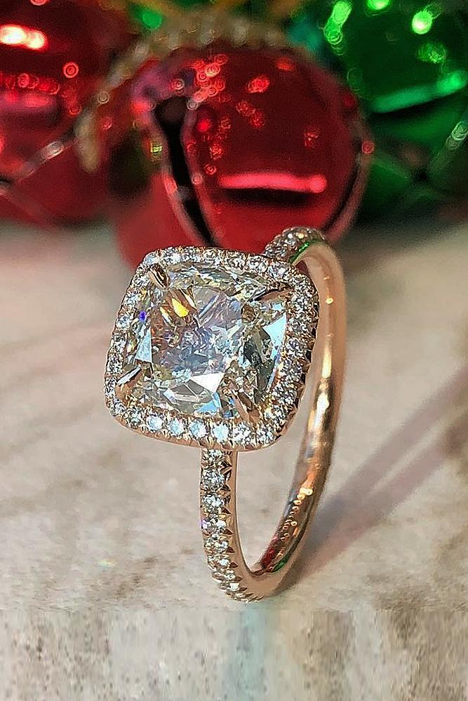 best rose gold engagement rings diamond halo pave band