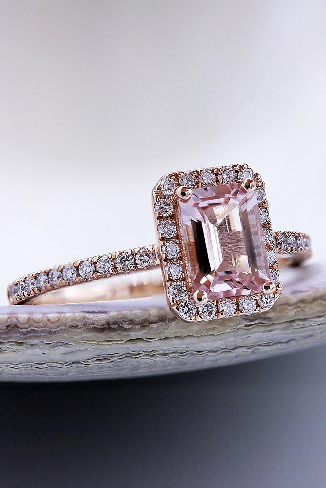 best rose gold engagement rings emerald cut diamond halo diamond pave band classic