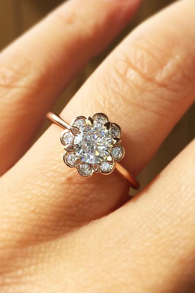 best rose gold engagement rings floral halo round cut unique