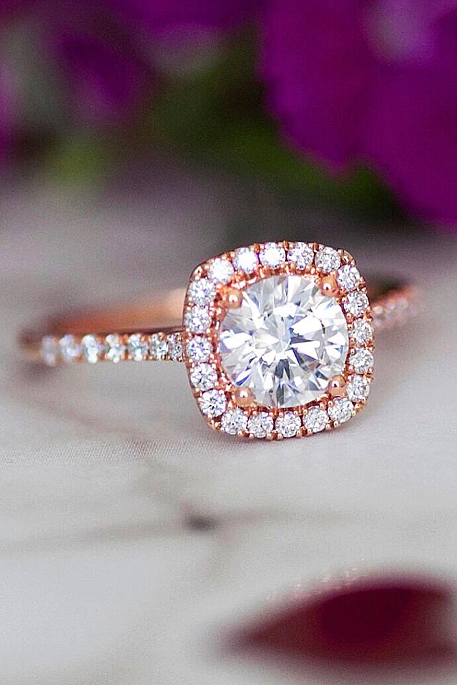 best rose gold engagement rings halo round cut diamond pave band