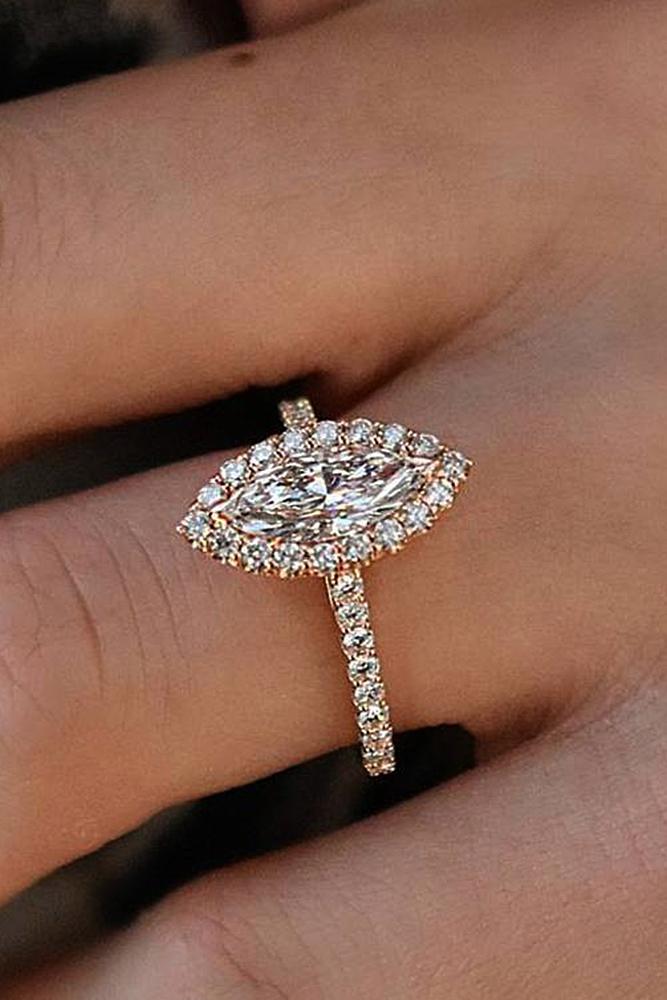 best rose gold engagement rings marquise cut halo pave band