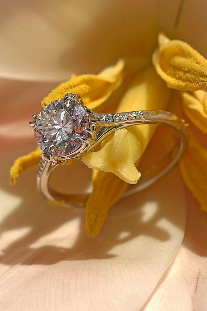 best rose gold engagement rings round cut pave band solitaire diamond