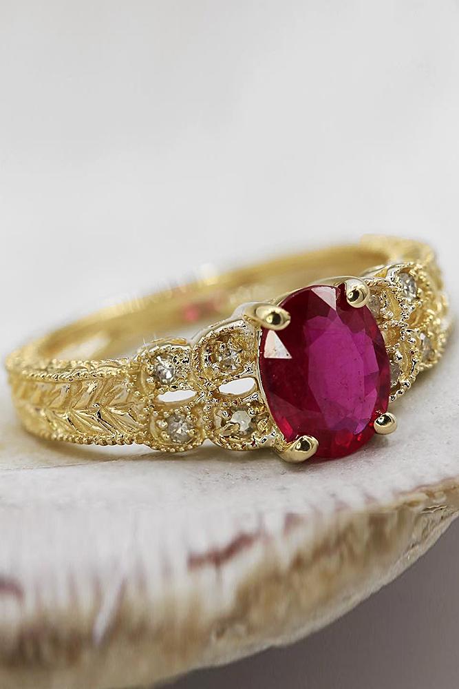 custom engagement rings yellow gold red round cut ruby vintage pave band unique