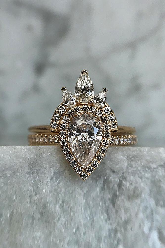 engagement ring designers pave band pear cut rose gold halo unique set