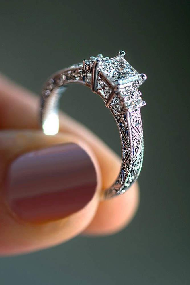 vintage white gold engagement rings unique band princess cut diamond