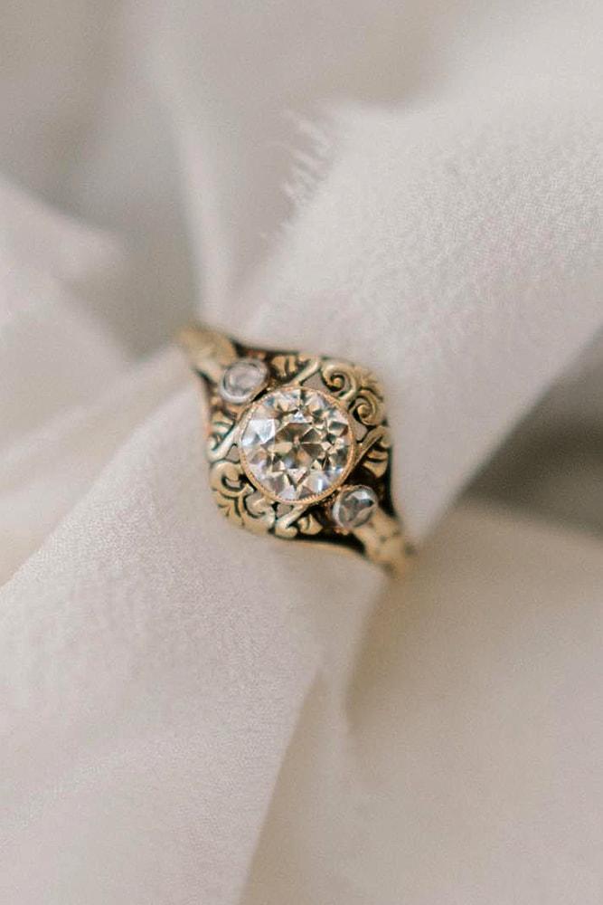 best vintage engagement rings bronze colored gold round cut diamond pave band with unique elements amazing