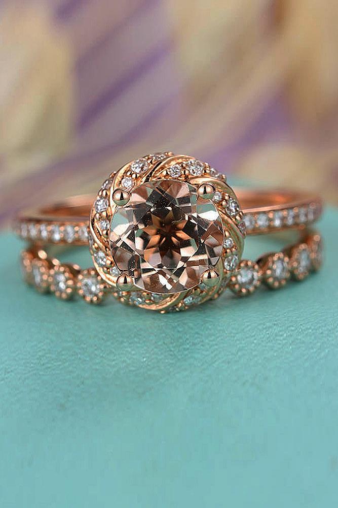 best vintage engagement rings round cut halo pave band wedding set morganite