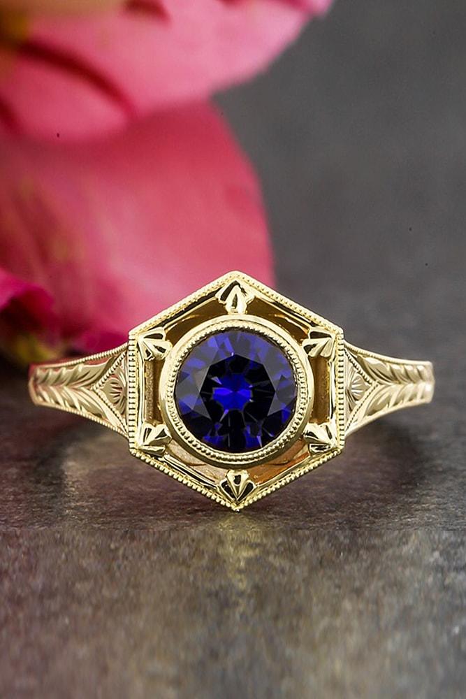best vintage engagement rings yellow gold round cut sapphire halo unique pave band unique