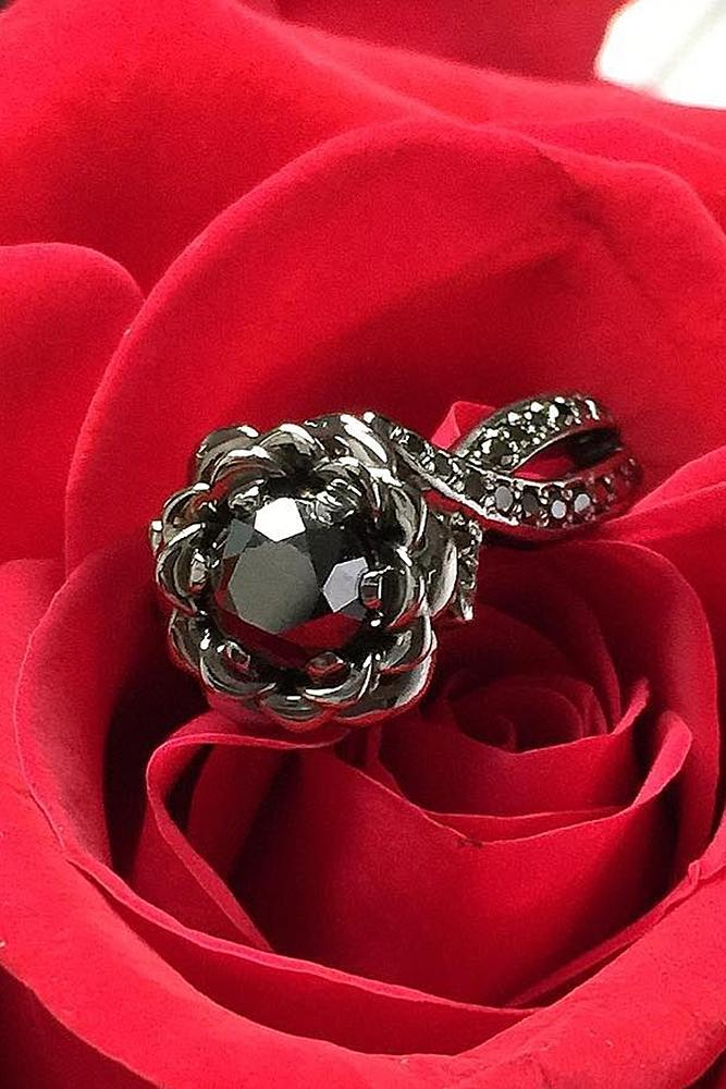 halo engagement rings black diamond round cut floral unique