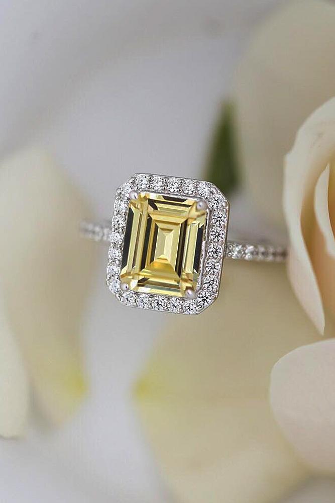 halo engagement rings emerald cut gemstone pave band
