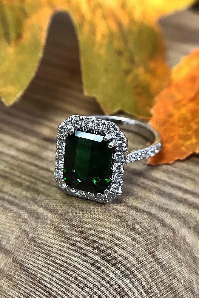 halo engagement rings emerald cut sapphire white gold