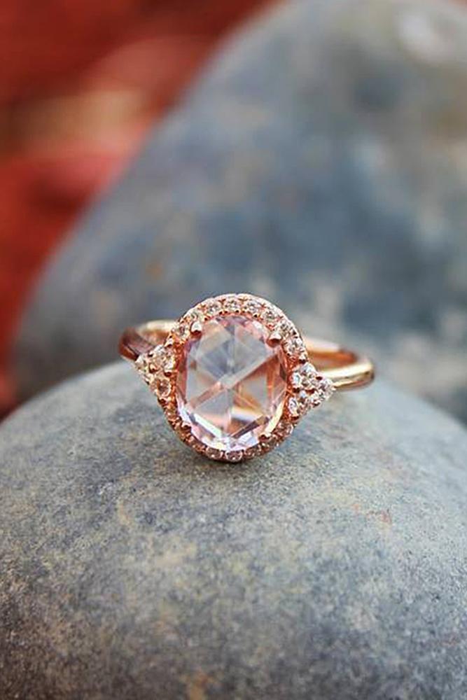 halo engagement rings oval cut morganite rose gold