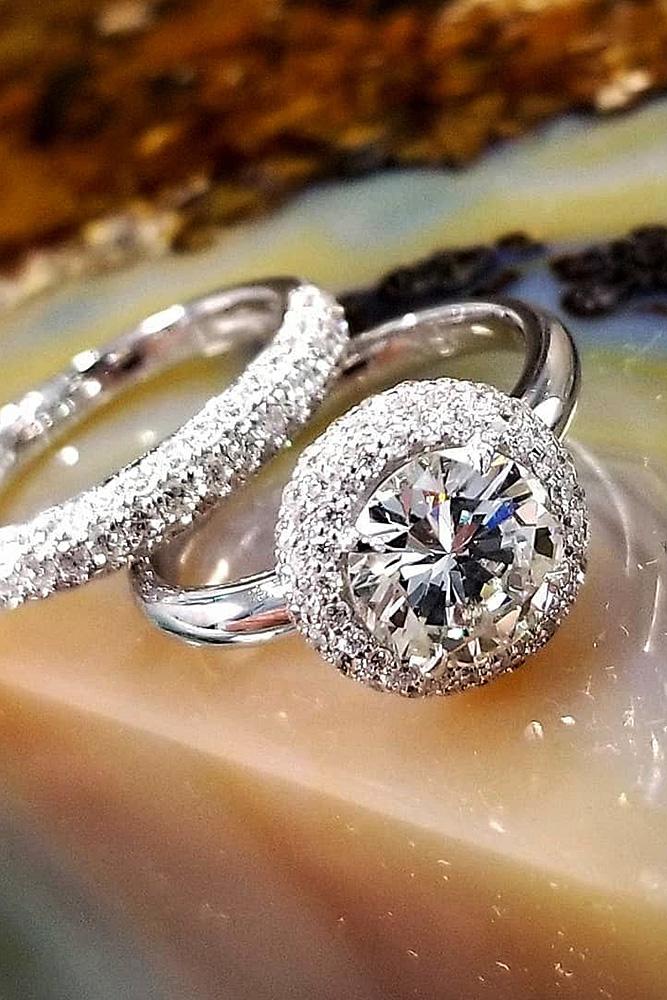 halo engagement rings round cut diamond white gold set
