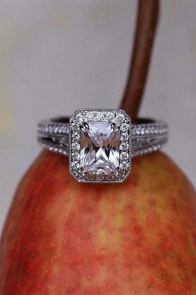 halo engagement rings vintage white gold emerald cut