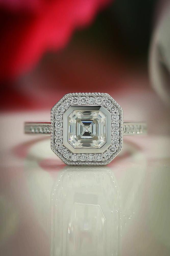 moissanite engagement rings cushion cut halo unique pave band
