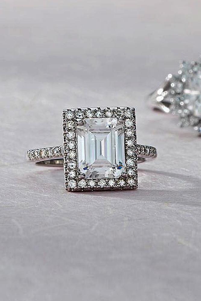 moissanite engagement rings emerald cut halo modern white gold