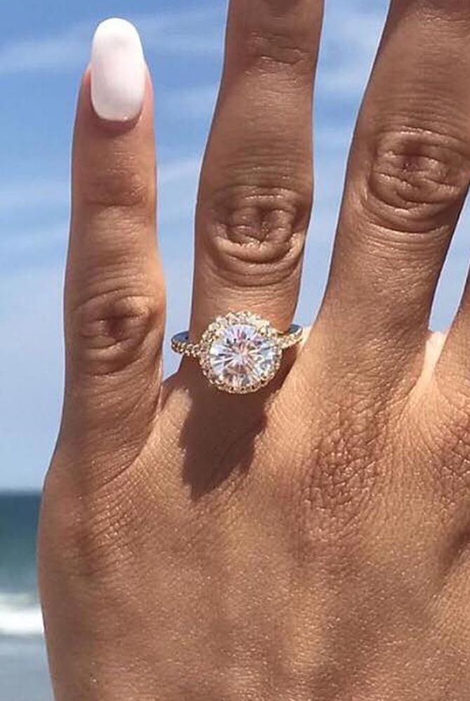 moissanite engagement rings pave band halo round cut