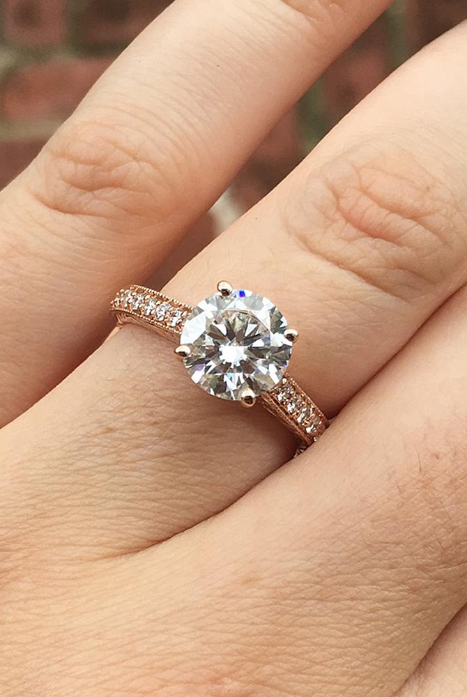 moissanite engagement rings rose gold pave band round cut