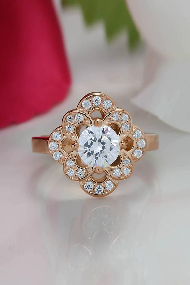 moissanite engagement rings round cut halo floral vintage rose gold