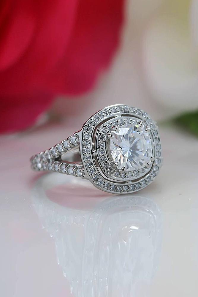 moissanite engagement rings round cut halo twist split pave band