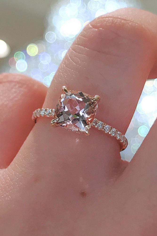 rose gold solitaire ring cushion cut pave band simple
