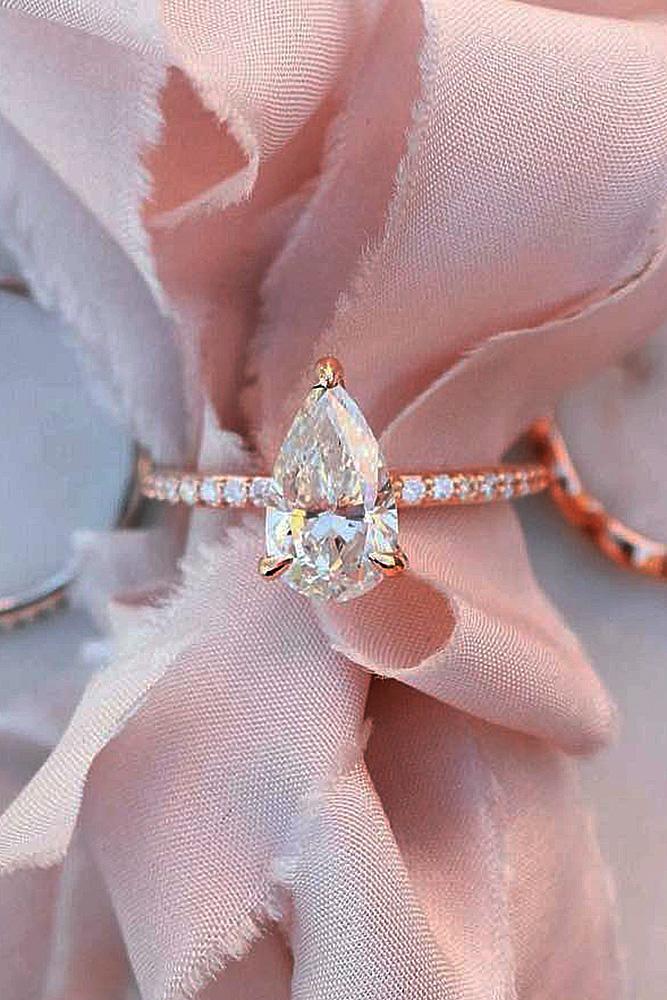 rose gold solitaire ring pave band pear cut diamond