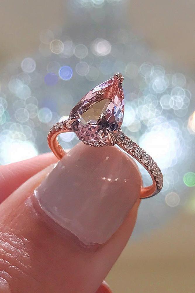 rose gold solitaire ring pear cut morganite pave band