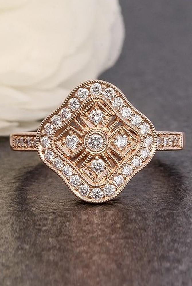rose gold unique engagement rings floral halo pave band diamond