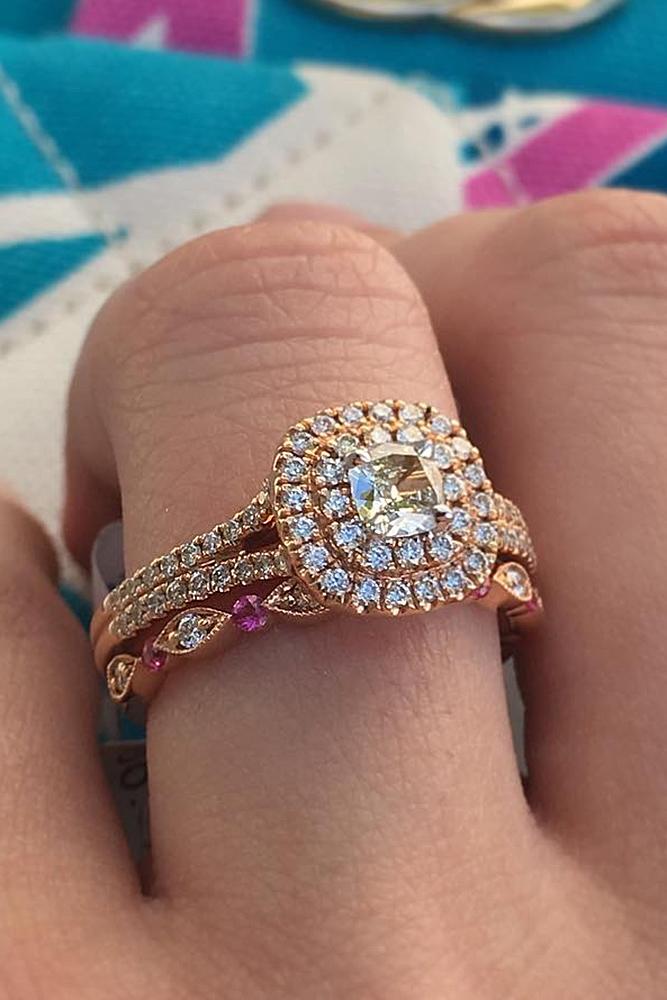 rose gold unique engagement rings modern ring with round cut diamond double halo