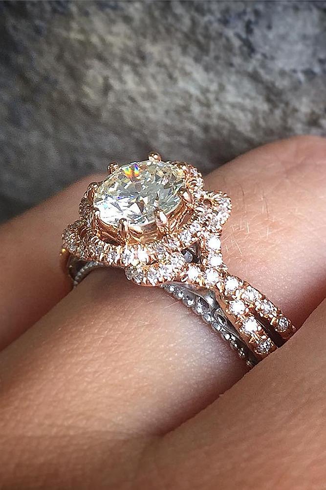 rose gold unique engagement rings modern ring with round cut diamond unique pave band
