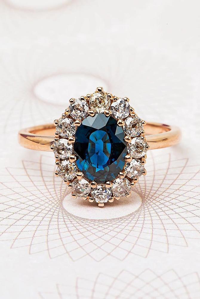 rose gold unique engagement rings oval cut sapphire halo floral