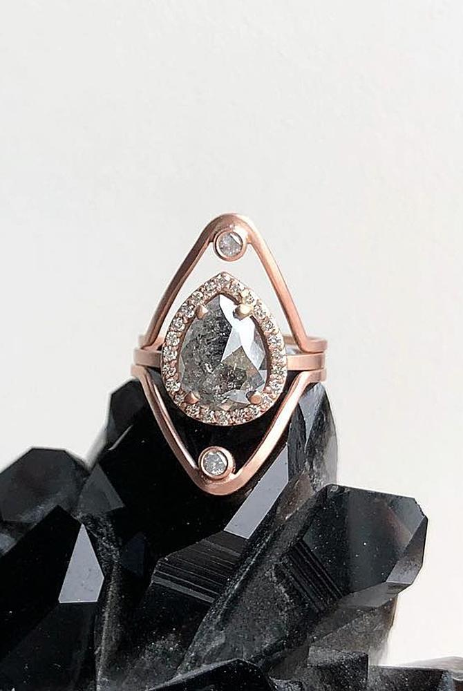 rose gold unique engagement rings pear cut halo black diamond