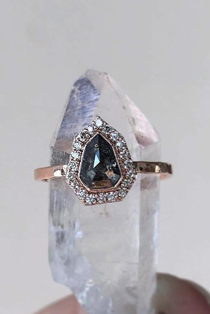 rose gold unique engagement rings pear cut halo black diamond