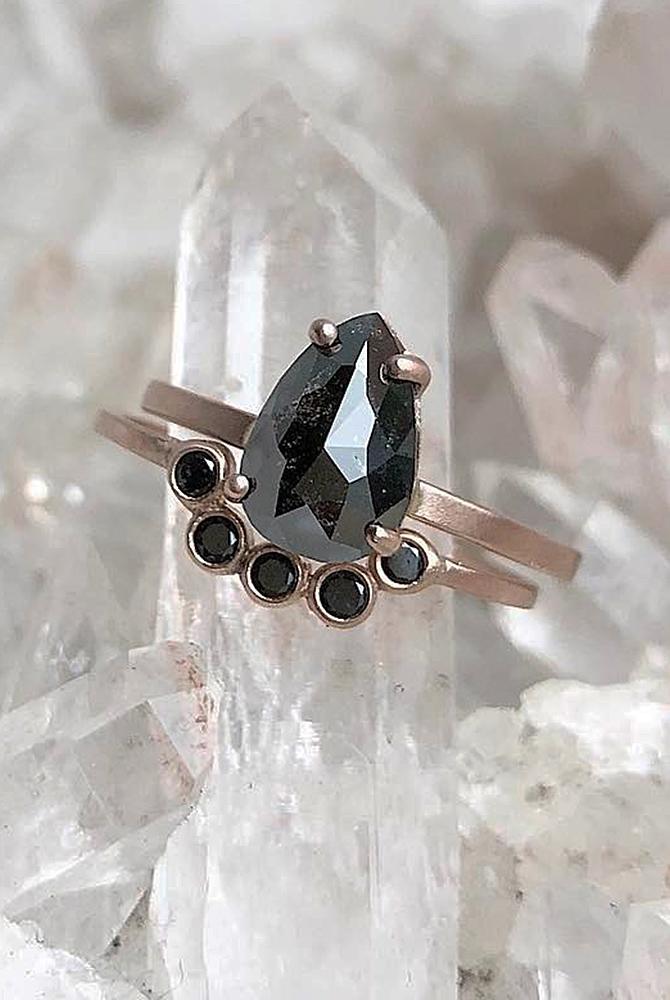 rose gold unique engagement rings solitaire black diamond wedding set