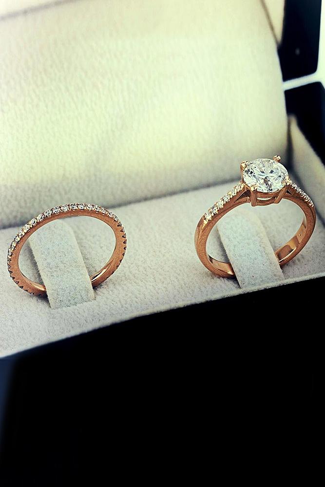 best brilliance wedding ring sets rose gold round cut diamond pave band