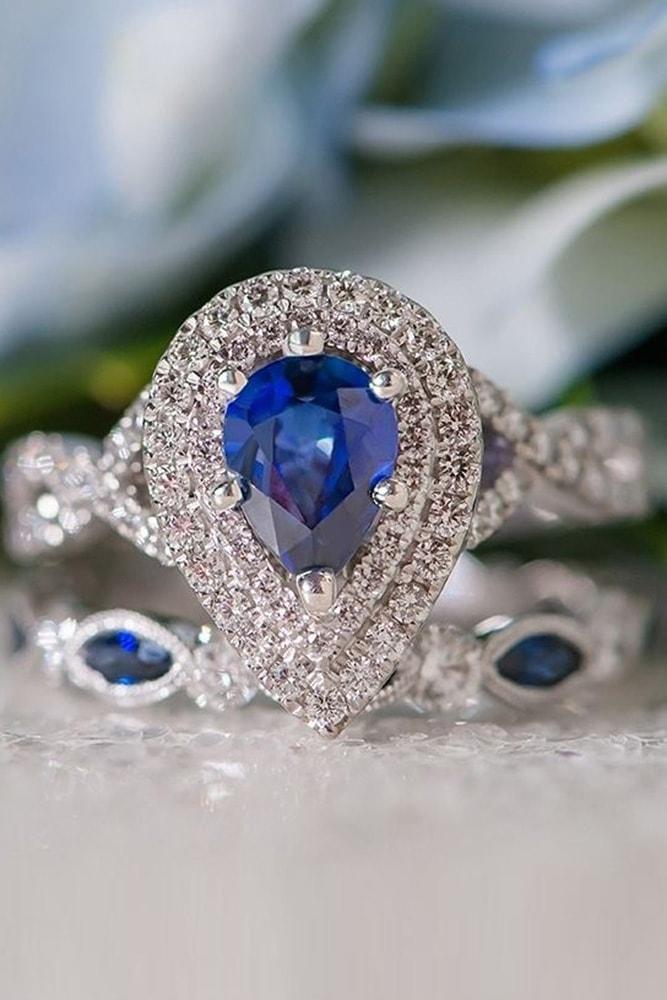 sapphire engagement rings white gold pear cut blue sapphire in double diamond halo twisted band wedding set with sapphires