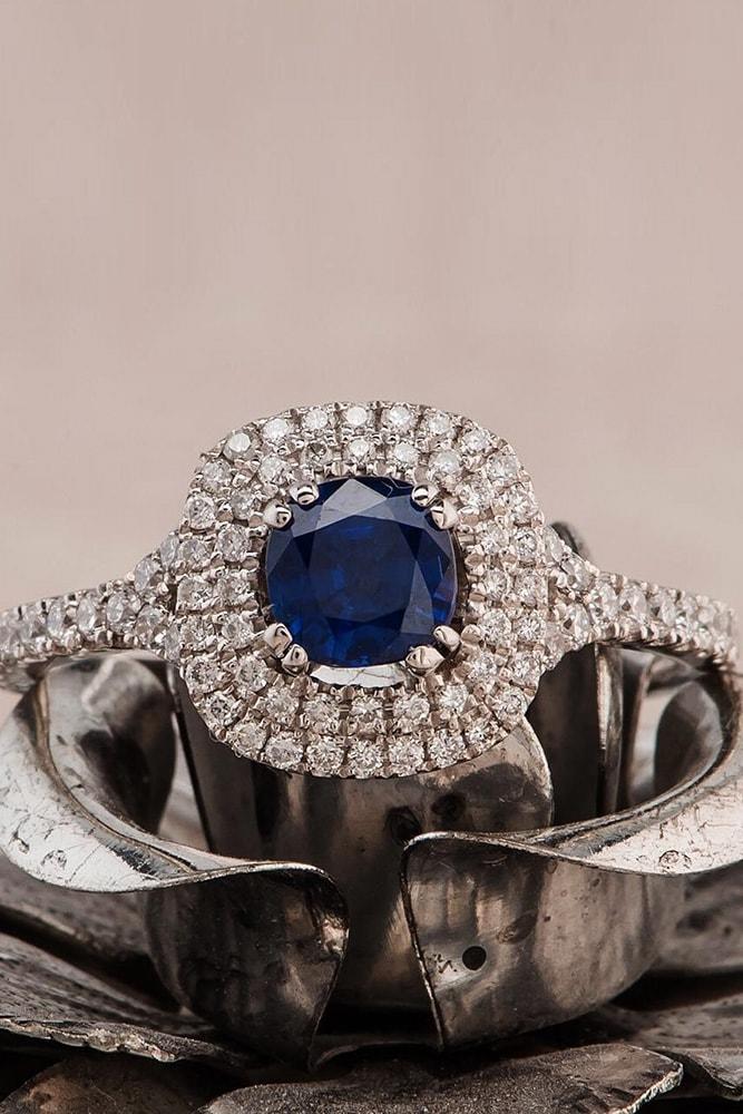 sapphire engagement rings white gold round cut blue sapphire in double diamond halo classic