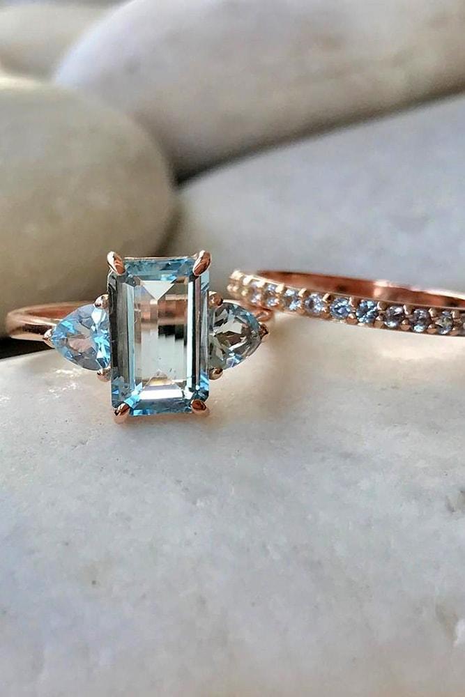 aquamarine engagement rings rose gold ring sets three stone engagement rings emerald cut aquamarine two aquamarines on the sides pave band