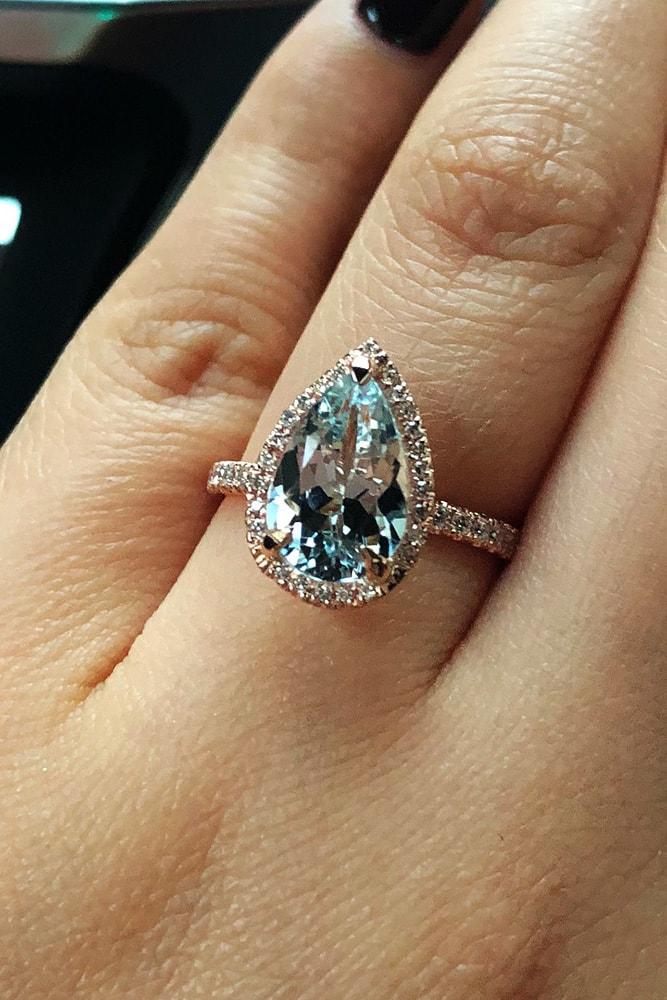 aquamarine engagement rings white gold pear cut aquamarine halo pave band diamonds
