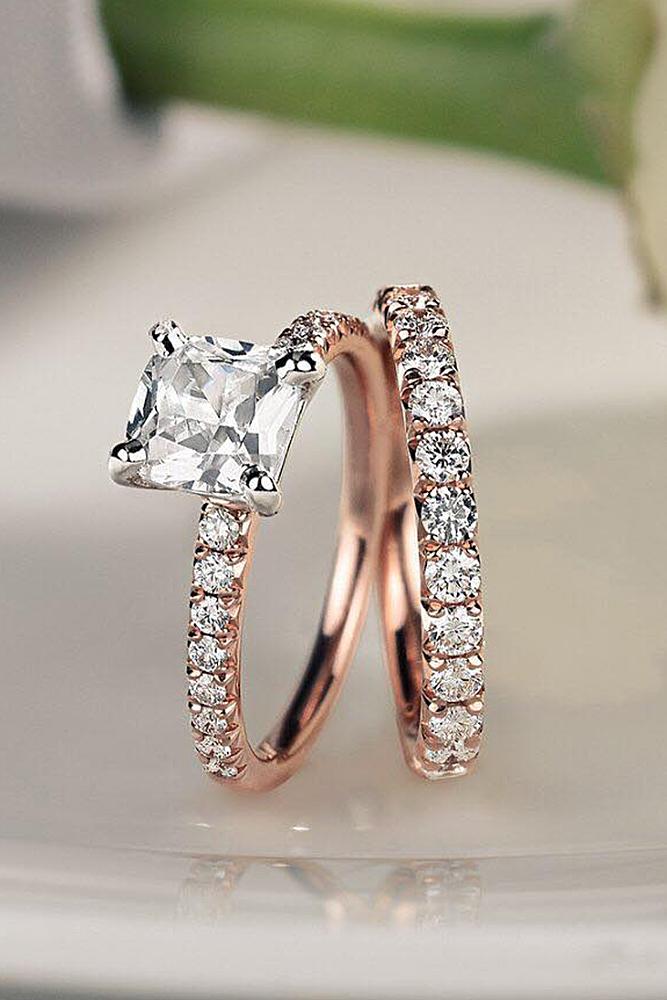 bridal sets rose gold with diamonds pave band simple princess cut