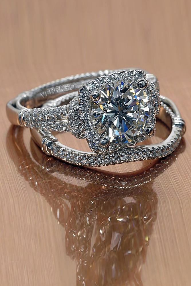 bridal sets white gold with round diamond pave band halo unique