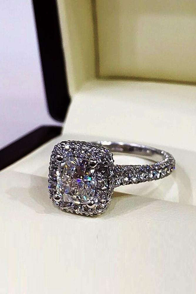 diamond engagement rings cushion cut diamonds white gold halo pave band