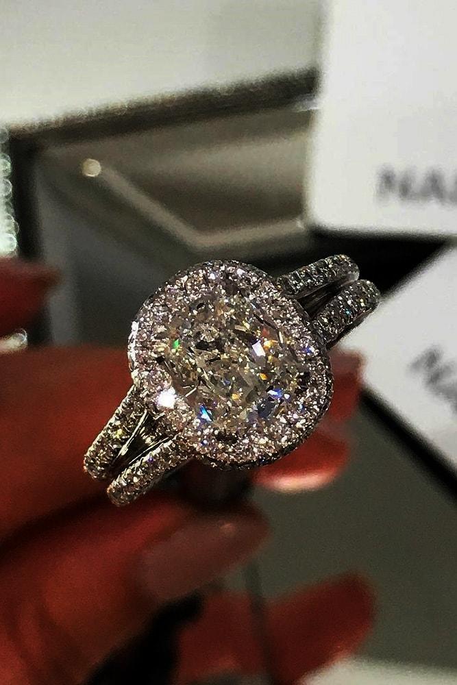diamond engagement rings white gold cushion cut diamond halo pave band