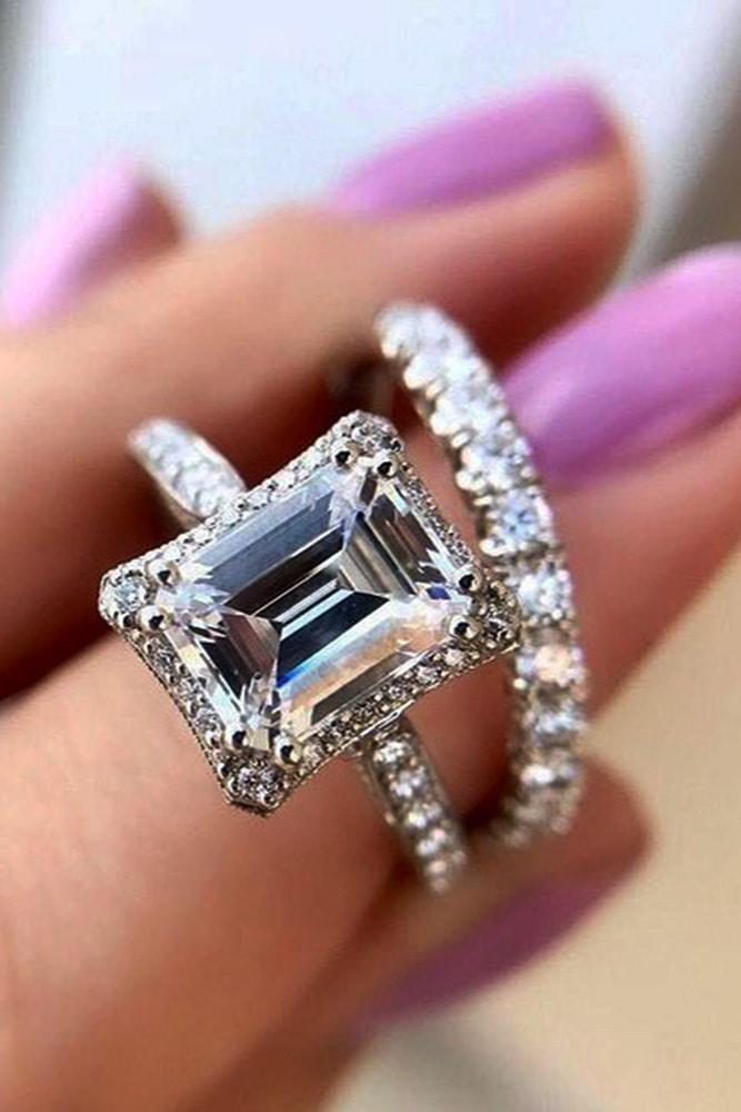 diamond wedding rings white gold emerald cut diamond halo pave band with diamonds sparkling