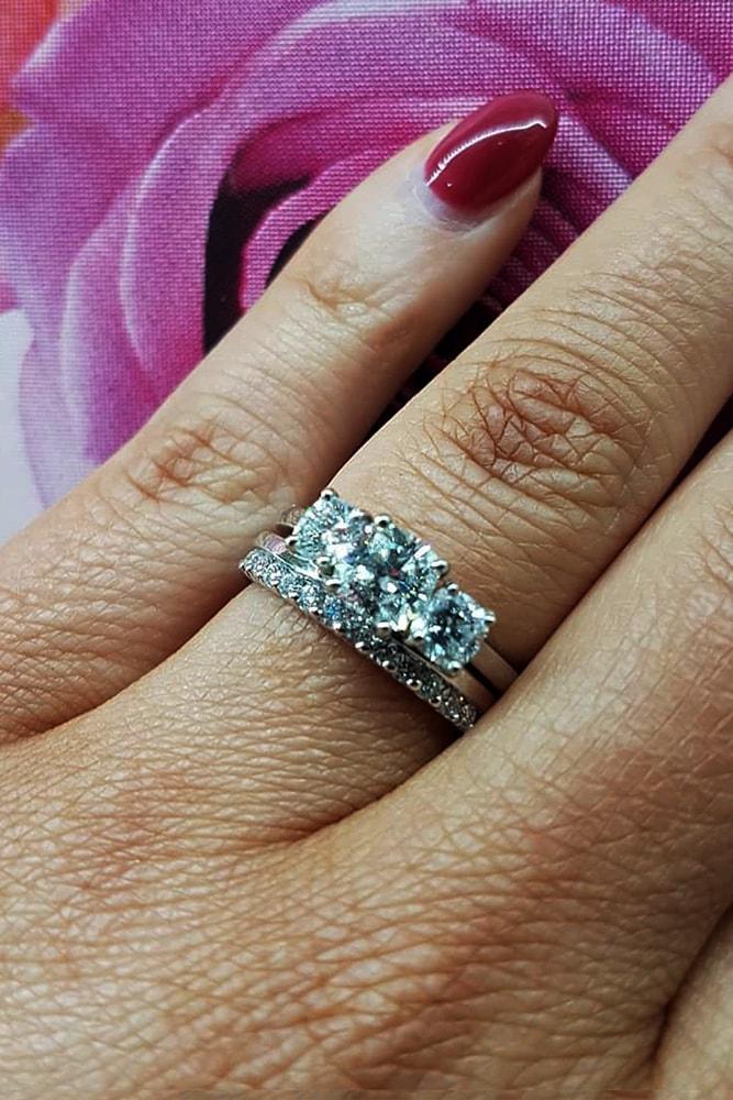 diamond wedding rings white gold round cut diamonds three stones pave band with diamonds