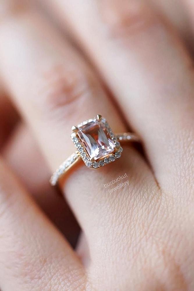 morganite engagement rings rose gold emerald cut morganite halo pave band sparkling