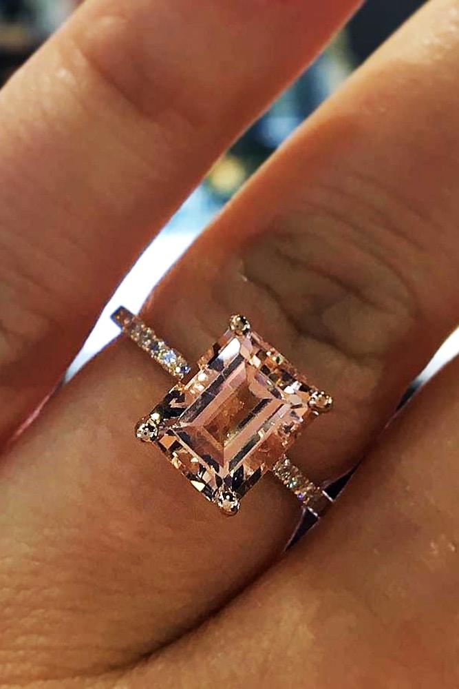 morganite engagement rings rose gold emerald cut morganite solitaire pave band