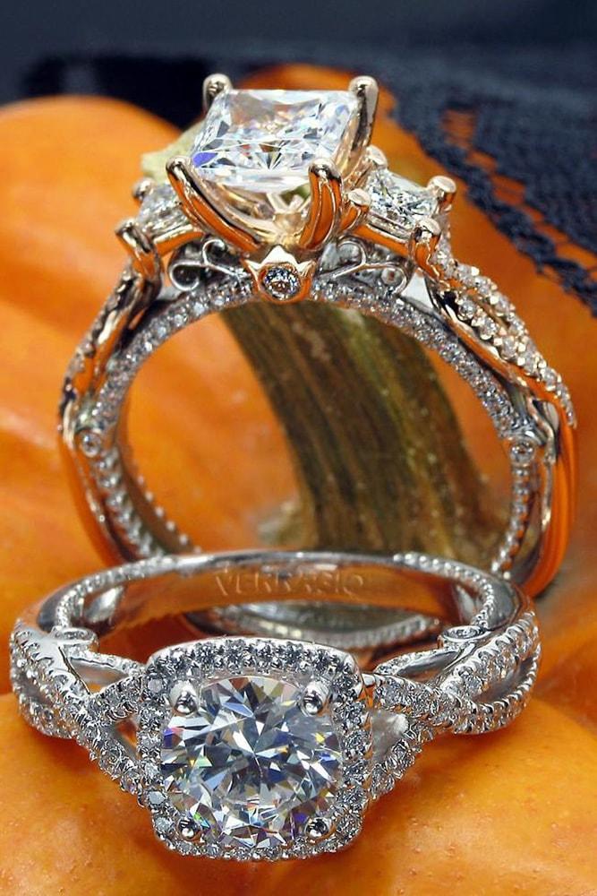 verragio engagement rings white gold rose gold princess cut and round cut diamond twisted band sparkling