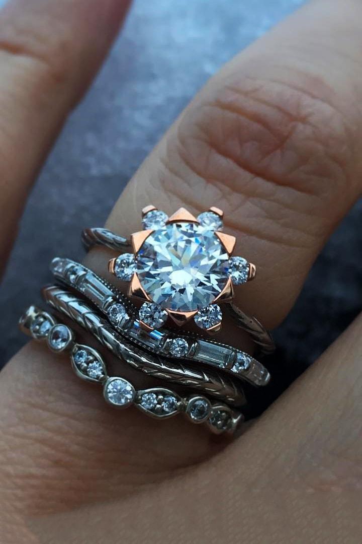 wedding ring sets mixed metals platinum rose gold unique ring snowdiamonds baguette and round band