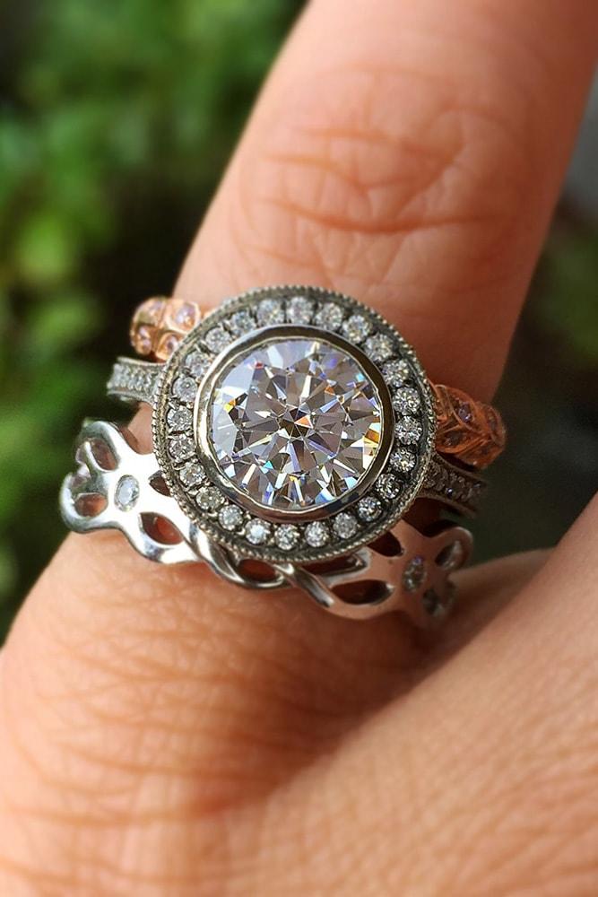 wedding ring sets mixed metals white gold rose gold unique ring round cut diamond halo twisted band florall